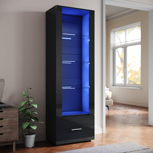 SIRHONA Vitrine avec éclairage LED, Vitrine en Verre avec Tiroirs, Façade Brillant Meuble Salon Rangement, Vitrine pour Collection, L550 x D350 x H1720mm