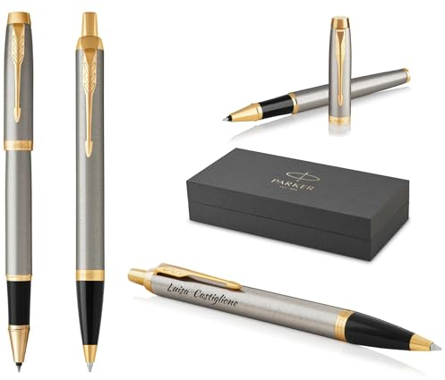 PARKER IM Core Rollerball und Kugelschreiber mit Gravur | Premium Stift | Geschenkbox | schwarze Mine | personalisiertes Geschenk | Namen | graviert | Geburtstag (Brushed Metal G.C.)