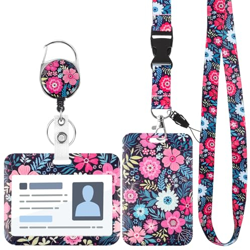 Porte Badge Tour de Cou avec 2 Pcs Porte-cartes, Porte Badge Enrouleur Cordon Tour de Cou avec Fermoir Mousqueton Pivotant pour Carte de Bus, Carte Bancaire, Carte d'Identité, Clé