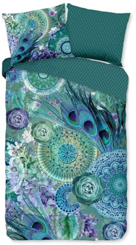 Hip Satin Wende-Bettwäsche Kari natürlich 100% Reine Baumwolle | Bettwäsche Set blau grün mit Pfauenfedern Mandalas | 200 cm x 200 cm Azur-blau