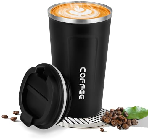 Goodatech taza de viaje de café térmico de acero inoxidable, sin BPA vacío aislado, botella de coche, vaso con tapa hermética, para café caliente/frío, té y cerveza (Negro,18oz)