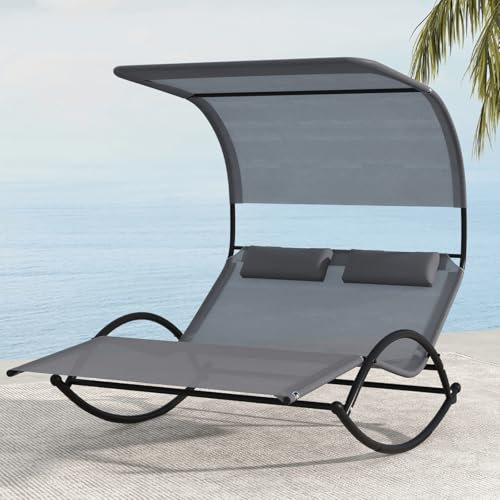 Multigot Rocking Double Sun Lounger with Canopy, Outdoor 2-Person Rocking Daybed with 2 Headrest Pillows, Garden Swing Rocking Seat Reclining Deck Sunbed for Patio Poolside Backyard