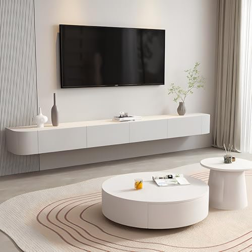 Meuble TV flottant blanc avec tiroirs - Console multimédia murale pour salon et bureau - Meuble de rangement TV élégant en bois massif (160 cm)