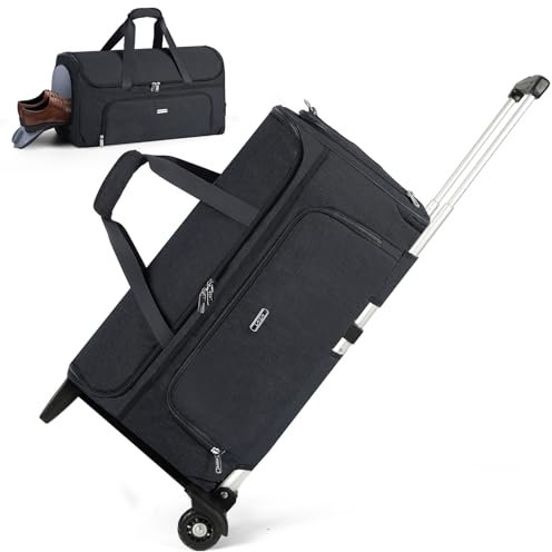 Lekespring Kleidersack mit Rollen, Reisetasche mit Rollen, Umwandelbare Kleider Duffel Tasche mit Schuhfach, Rollender Garment Duffel Bag, 47L (Schwarz)