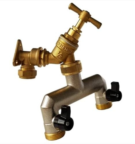 15mm Brass Wall Flange Kit with Brass Tap + 3/4 BSP Metal Splitter - to Easily Create a New Garden Outlet from Your Copper Pipe Water line.