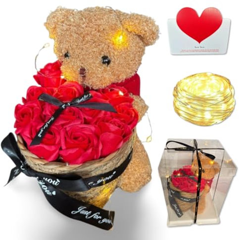 Regalo Rosa Luxus Teddybär mit Ewigen Rosen im Geschenkkorb – Perfektes romantisches Geschenk für Frau, Freundin, Haar – Valentinstag, Geburtstag & Hochzeit