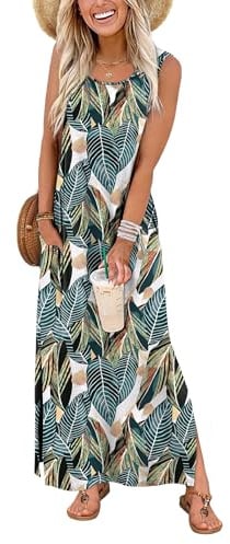 WIHOLL Womens Summer Maxi Dress Casual Ladies Dresses Elegant Sleeveless Maxi Dresses for Women UK with Split and Pockets Size 18-20 Floral Palm Leaf