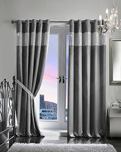viceroy bedding PAIR OF VELVET STYLE DIAMANTE THERMAL BLACKOUT Eyelet Ring Top Curtains Including Pair of Matching TIE BACKS (66'' x 54'', Silver/Grey)