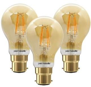paul russells B22 Bayonet Cap LED Filament – 7Watt 50W Equivalent 680LM Lumens 2200K BC Standard GLS A60 – Amber Bright Energy Saving Light Non-Dimmable – Extra Warm White Bulbs - Pack of 3