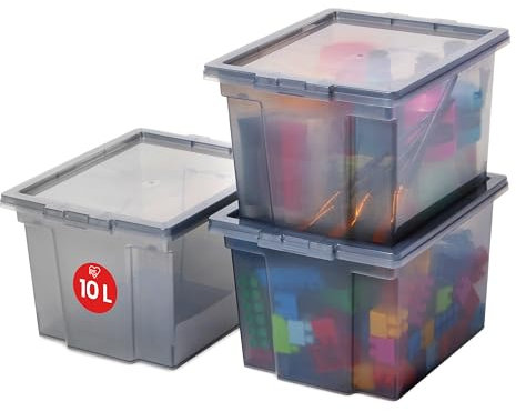 Iris Ohyama, Boite de Rangement Polyvalente, 10L, Lot de 3, Gris, Fermeture Facile, Empilables, en Plastique, pour Dressing, Étagères, École, Organisation, Jouet, Papeterie, Chaussures, USB-S