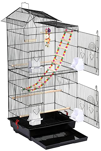 Yaheetech Vogelvoliere für Kanarien Finken, Wellensittichkäfig schwarz, Vogelkäfig 46 x 35,5 x 99 cm, Vogelhaus mit Spielzeug Klettern