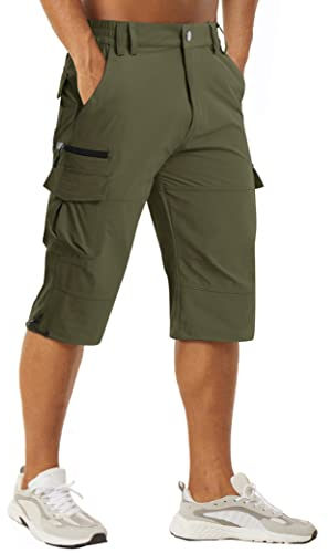 MAGCOMSEN Herren Short Outdoor Caprihose mit 7 Taschen Sommer Schnelltrocknend Wanderhose Herren 3/4 Jogginghose Gummibund Bermuda Shorts Atmungsaktiv Kurze Fahrradhose Armeegrün 40