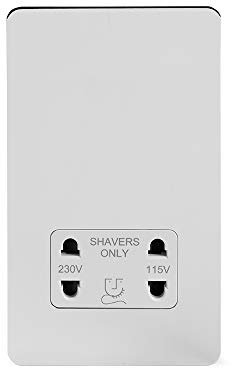Soho Lighting Polished Chrome Flat Plate Shaver Socket 230/115V Plate White Insert Screwless - for Bathroom