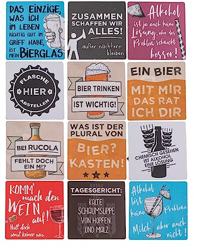 12 Stück Set Glas-Untersetzer mit Korkboden und witzigen Slogans, Korkuntersetzer Getränkeuntersetzer 9,5 x 9,5 cm