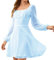 Masrin Skaterkleid Damen Elegantes modisches einfarbiges Jacquard Chiffon-Kleid A-Linien-Kleid mit eckigem Kragen und Langen Ärmeln Swingkleid mit hohem Bund und Patchwork Minikleid Party Kleid