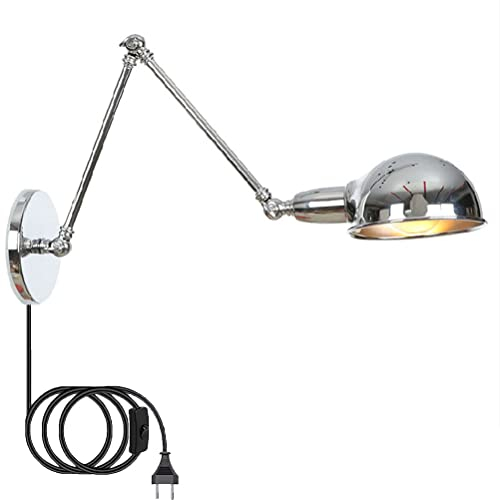 industrial Wandleuchte mit Schalter, Retro Vintage Wandlampe in Chrom Verstellbar Schwenkbar Lange Arm 30cm+30cm Wandbeleuchtung mit Stecker Schlafzimmer Nachttischlampe Wand-Leselampen E27 Innenlampe