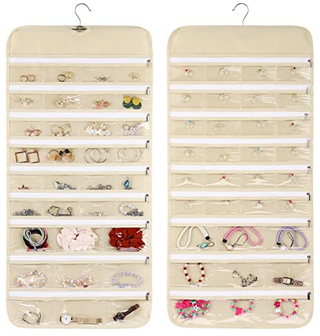 Cabilock Hängender Schmuck-Organizer, doppelseitiger Reißverschluss, Ohrringe, Taschenhalter mit 66 Taschen, Wandschrank, Halskettenaufhänger für Armband, Uhren, Ringkette
