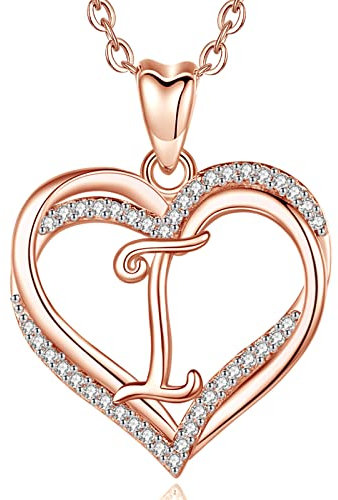INFUSEU Double Coeur Collier, Alphabet Initial Rose Or Lettre I Pendentif 20 Pouces Chaîne A-Z Long Bijoux Femmes Femmes Dames Cadeaux D'anniversaire