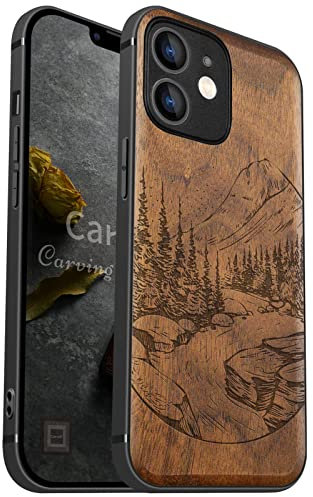 Carveit Handyhülle für iPhone 12 Mini Holz Cover kompatibel MagSafe mit Apple & QI drahtlosen magnetischen Ladegeräten Massivholz Kompatibel mit 12 Mini hulle（Nussbaum-Wilde Naturlandschaft）