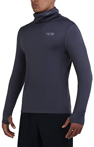 TCA Men's Warm Up Long Sleeve Training Workout Funnel Neck Thermal Running Top with Thumbholes - Graphite, XXL