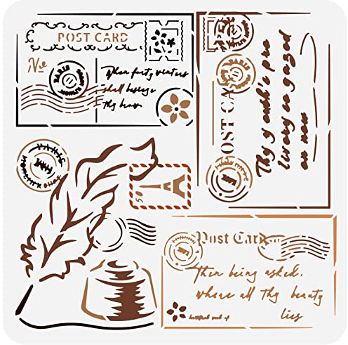 FINGERINSPIRE Postkarten Schablone 30x30cm Französische Schrift Schablone Kunststoff Feder Tintenfass Umschlag Poststempel Muster Schablone Französisches Thema für Malerei auf Wänden Möbel Umschläge