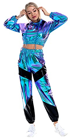 FYMNSI Damen Metallic Glänzend Jogginganzug Trainingsanzug Sportanzug Holographische Langarm Kapuzen Crop Top Pullover Sweatshirt Sweathose Hip Hop Streetwear 80er Jahre Fasching Kostüm Laser Blau M