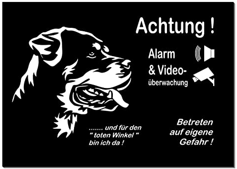 Rottweiler-Alarm + Videoüberwacht-Hund-Schild-Hundeschild- 3 Größen-Aluminium-Hunde-Tierschild-Warnschild-Hinweisschild (1452-134=15x10 cm ohne Löcher)