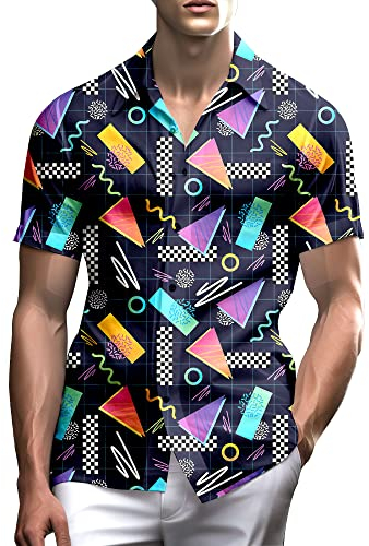 Stazary Neonhemden für Männer, Button-Up-Shirts, Herren-Neonhemd, Hawaii-Hemd für Männer, Strandhemden, Neonkleidung, 80er 90er Jahre Stil Schwarz, XL