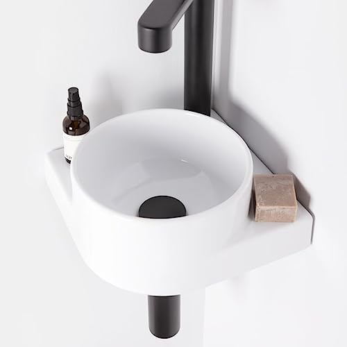 Eckwaschbecken-Set mit Original-Einbauregal und Schwarz Zubehör, Eckwaschbecken zur Wandmontage mit Hahnloch, Keramik, Set Yard 280 C 4in1, RAVAK