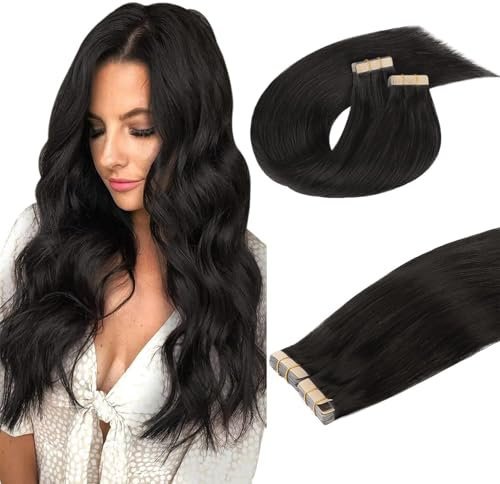 DOORES Tape Extensions Echthaar Natürliches Echthaar Tape in Menschliches Haar, Natürliches Schwarz 50cm (20zoll) 100g 40pcs, Extensions Echthaar Tape in Gerade Haar Skin Weft