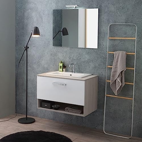 Kiamami Valentina Mueble baño suspendido Lotto 80cm Roble Gris con Frente Blanco y Lavabo Encima