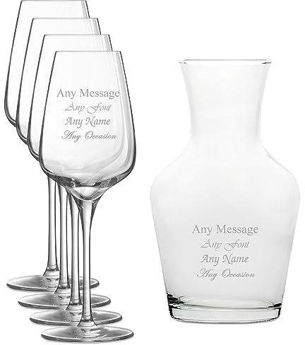 Juego de 4 copas de vino y jarra Vin de 500 ml, personalizables con cualquier mensaje para cualquier ocasión, estiliza a partir de una variedad de fuentes, cajas de regalo incluidas, grabado láser