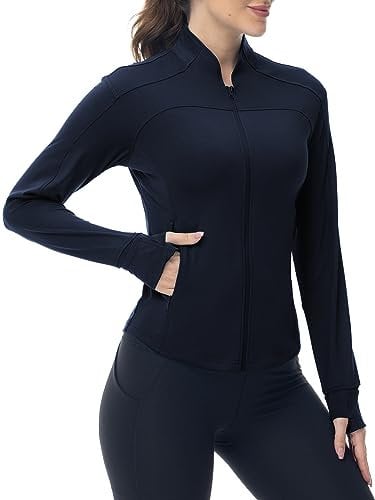 YSENTO Damen Sportjacke Laufjacke Funktionsjacke Wanderjacke Leicht Langarm Yoga Gym Sport Oberteil Atmungsaktive mit Daumenloch(Marine,XXL)