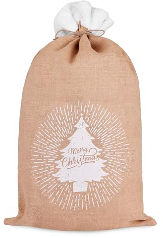 BRUBAKER Weihnachtssack Tannenbaum Merry Christmas - 80 cm Geschenksack Weihnachten - Nikolaussack Jutebeutel Sack mit Kordel zum Verpacken von Geschenken - Jutesack Weihnachtsbaum Braun Weiß