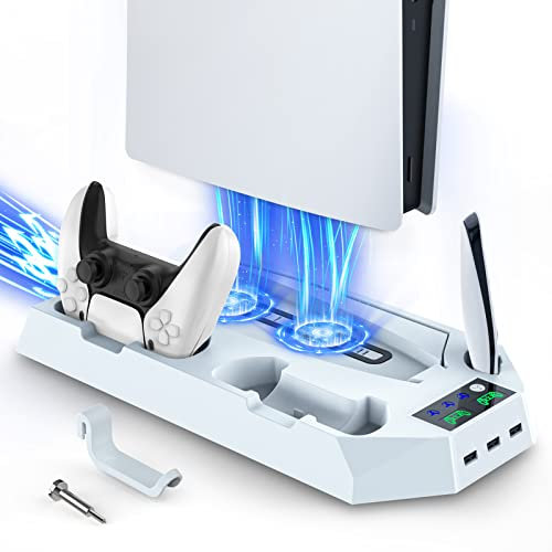 PS5 Digital Stand with Cooling Fan and Charger, 3 Extra USB Ports, Low Noise, 3 Gear Adjustable Wind Speed