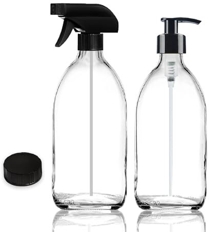 Fam Organic 500ml Clear TRansparant Glass Soap Lotion Dispenser and Trigger Spray Refillable Bottle Combo Set (Clear 500ml - 1 Soap Dispenser + 1 Trigger Spray)