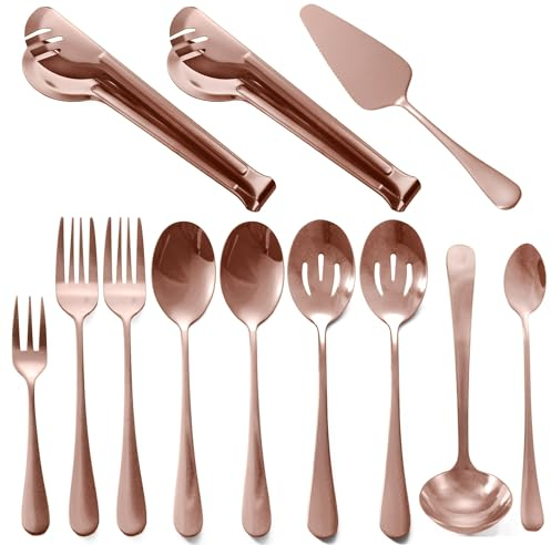 Dnalrhoi Rose Gold Buffet Party Serving Utensils Set 12 Pieces Copper Stainless Steel Flatware Silverware Set, Includes Serving Spoon Slotted Spoons Serving Forks Soup Ladle Serving Tongs Pie Server