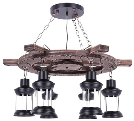 TIBU Hängelampe aus Holz Vintage Lampe Ruder Wohnzimmer E27 höhenverstellbar 6 flammig