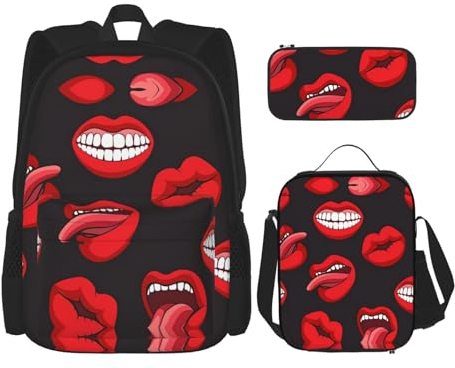 TRUKD Rucksack für Studenten, niedliche Giraffen-Tasche mit Schleife für Schule, Jungen, Mädchen, Tagesrucksack, Federmäppchen, Lunch-Tasche, Kombination, Mehrfarbig, Kussmund, Einheitsgröße,