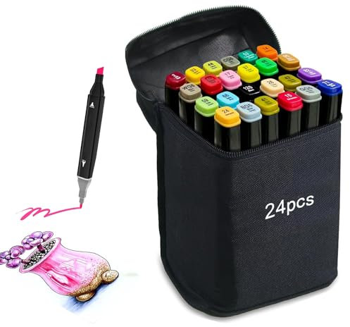 LEMIL Pennarelli in feltro con alcool a 24 colori, a doppia punta, asciugatura sicura e veloce, pennarelli da colorare, pennarelli permanenti, pennarelli da disegno con borsa in tessuto portatile e