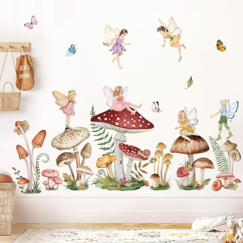 wondever Woodland Mushroom Wall Decals Fairy Butterfly Wall Stickers | Peel and Stick, Removable, Wall Art Decals, Wall Decoration, Kids Room, Girls Bedroom Baby Nursery Playroom Decor