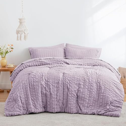 Lanqinglv Seersucker Bettwäsche 135x200 cm 4teilig Lila Wendebettwäsche Streifen Mikrofaser Bettwäsche-Sets,2 Bettbezug und 2 Kissenbezug 80x80 cm
