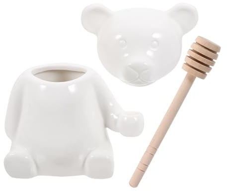 PRETYZOOM Distributeur de miel en verre avec cuillère à miel et couvercle - Pot à miel en forme d'ours - Pot à miel en céramique avec cuillère en bois pour miel et sirop