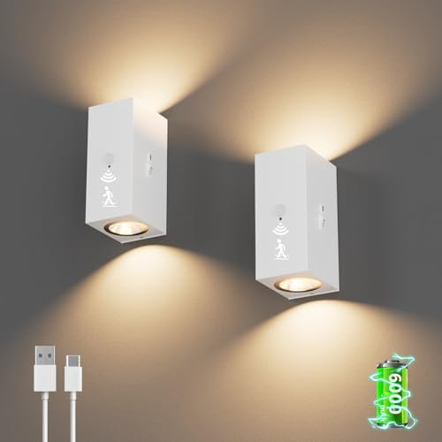 Aipsun 2 Stück akku Wandleuchte mit Bewegungsmelder Weiß, 6000mAh, Wandlampe akku mit 3 Modi (Sensor/AUS/EIN), 6W 3000K kabellos Aluminium für Treppe, Flur, Wohnzimmer, Schlafzimmer, Garage