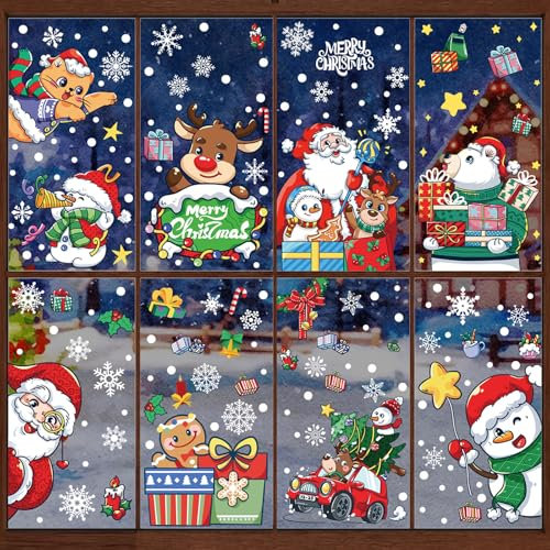 Fensterbilder Weihnachten, 8 Blatt Aufkleber Weihnachten Weihnachtsdeko Fenster Weihnachtsmann Schneeflocken Gnom Grinch Fensterdeko Weihnachten