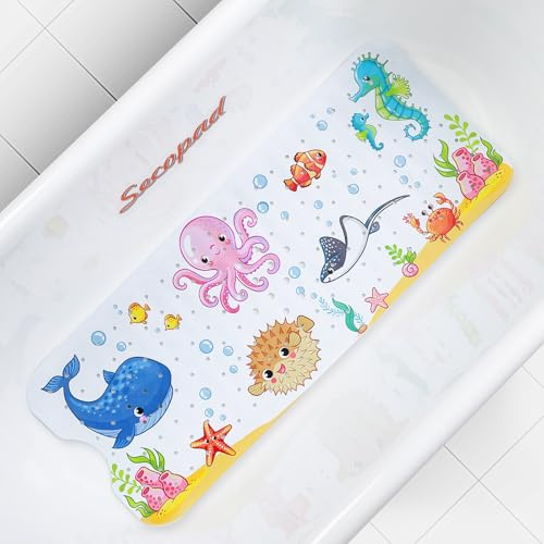Secopad Tapis de Bain pour Baignoire Antidérapant, 100 x 40 cm, Poulpes | 100% Sans BPA, Forte Pouvoir d'Aspiration, Design Cartoon pour Enfants, Bon Évacuation de l'Eau et Facile à Nettoyer