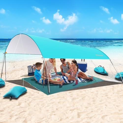 MYMULIKE Tienda de Playa 3.2x3.2m Toldo Grande con Protección UV UPF50+, Zona de Sombra Ajustable, Tienda de 4 a 7 Personas para Playa y Camping