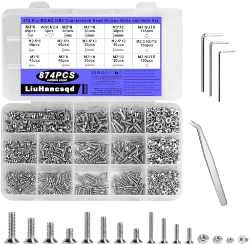874 Stk M2 M2.5 M3 Schrauben Set, Innensechskant Sechskantschrauben Muttern Set, Senkkopfschrauben Set, Gewindeschrauben mit Muttern Set, Flachkopfschrauben Schraubenset Maschinenschrauben Sortiment