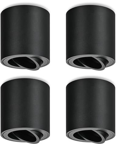 YindaLux Aufbauspots Schwarz 4 Stück, 30° Schwenkbar Aufbaustrahler mit GU10 Fassung, Ø80×84mm Aluminium Aufputz Deckenspots, 230V Rund Aufbauleuchte für Wohnzimmer Küche Flur (Ohne GU10-Lampe)