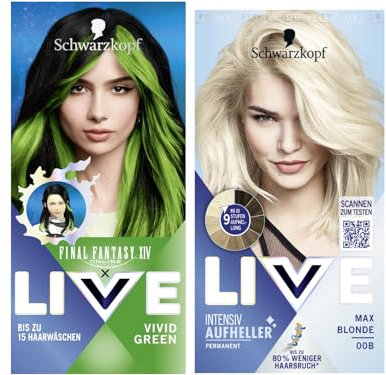FINAL FANTASY™ XIV Online x LIVE Ultra Brights Semi-Permanente Haarfarbe 024 Vivid Green (80 ml) & Schwarzkopf Live Aufheller Max Blonde 00B (142,5 ml), Blondierung, Anti-Gelbstich